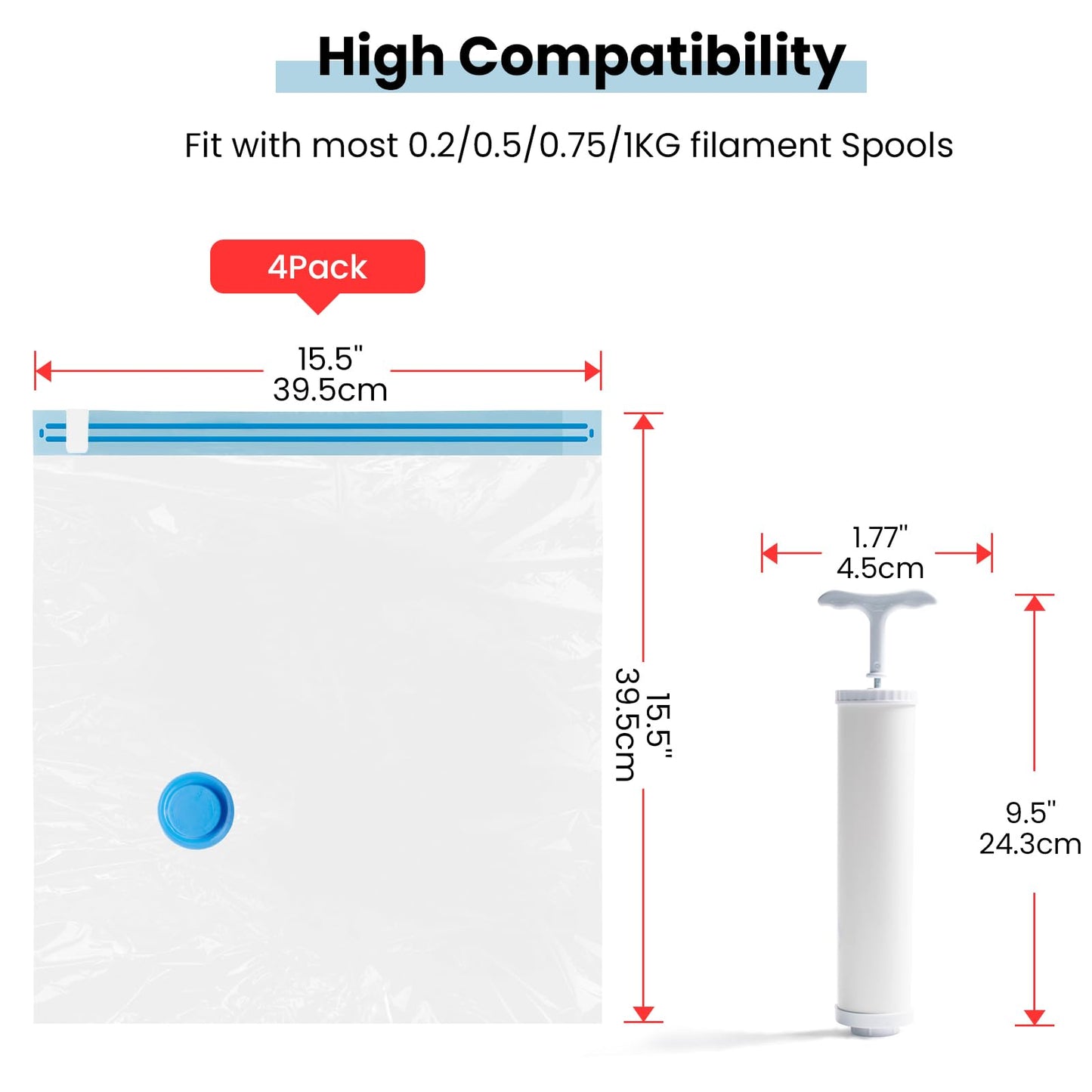 TEQStone Filament Storage Bags Vacuum Kit 4Pcs w/Pump, 15.5x15.5in Large Capacity, 0.4mm Thick, Moisture/Dust Proof, Fit Most 0.25/0.5/1/2KG 3D Printer Filament Spools - WoodArtSupply