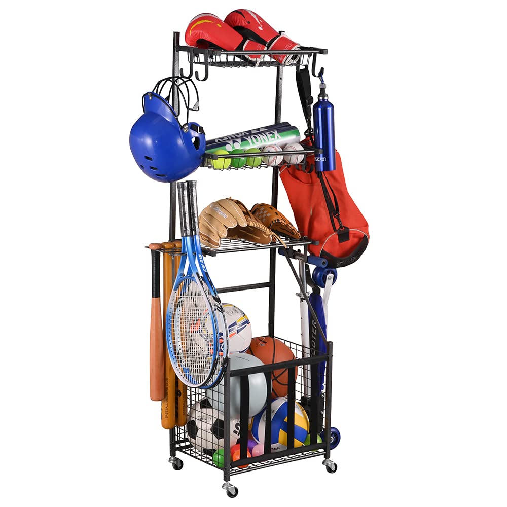 Snail 4-Tier Garage Sports Equipment Storage Organizer Sports Ball Storage Rolling Cart with Basket and Hooks Lockable Sports Ball Cage Storage Rack for Garages, Playgroup, Gym and Schools, Black Snail