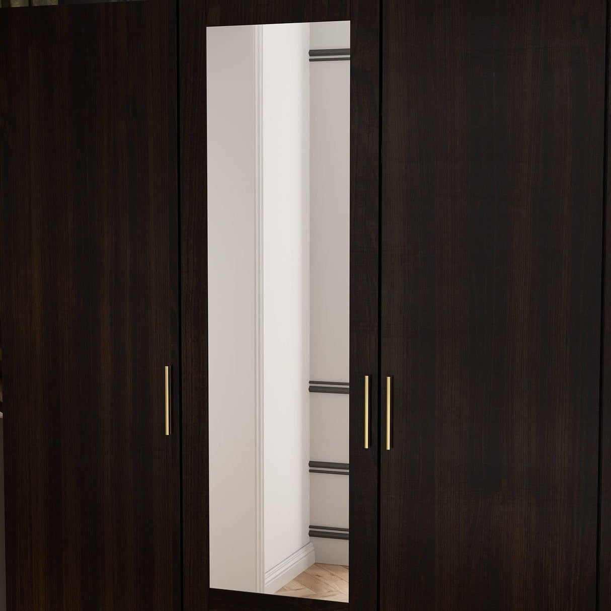 FAMAPY 4-Door Wardrobe Closet with Mirror Armoires and Wardrobes, Drawers and Shelves, Armoire Wardrobe Closet with Hanging Rod, Armoire Closet Espresso (63”W x 19.7”D x 70.9”H) FAMAPY