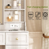 YYJ 42" Makeup Vanity Desk with Mirror and Lights, & Power Outl,Glass Top Big Vanity Table with 9 Drawers& 8 Storage Shelves,Vanity Table Set with Chair for Bedroom,White,W YYJ