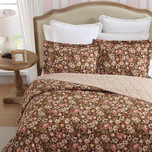 Laura Ashley - Twin Quilt Set, Reversible Cotton Bedding with Matching Sham, Lightweight Home Decor for All Seasons (Marta Brown, Twin) Laura Ashley