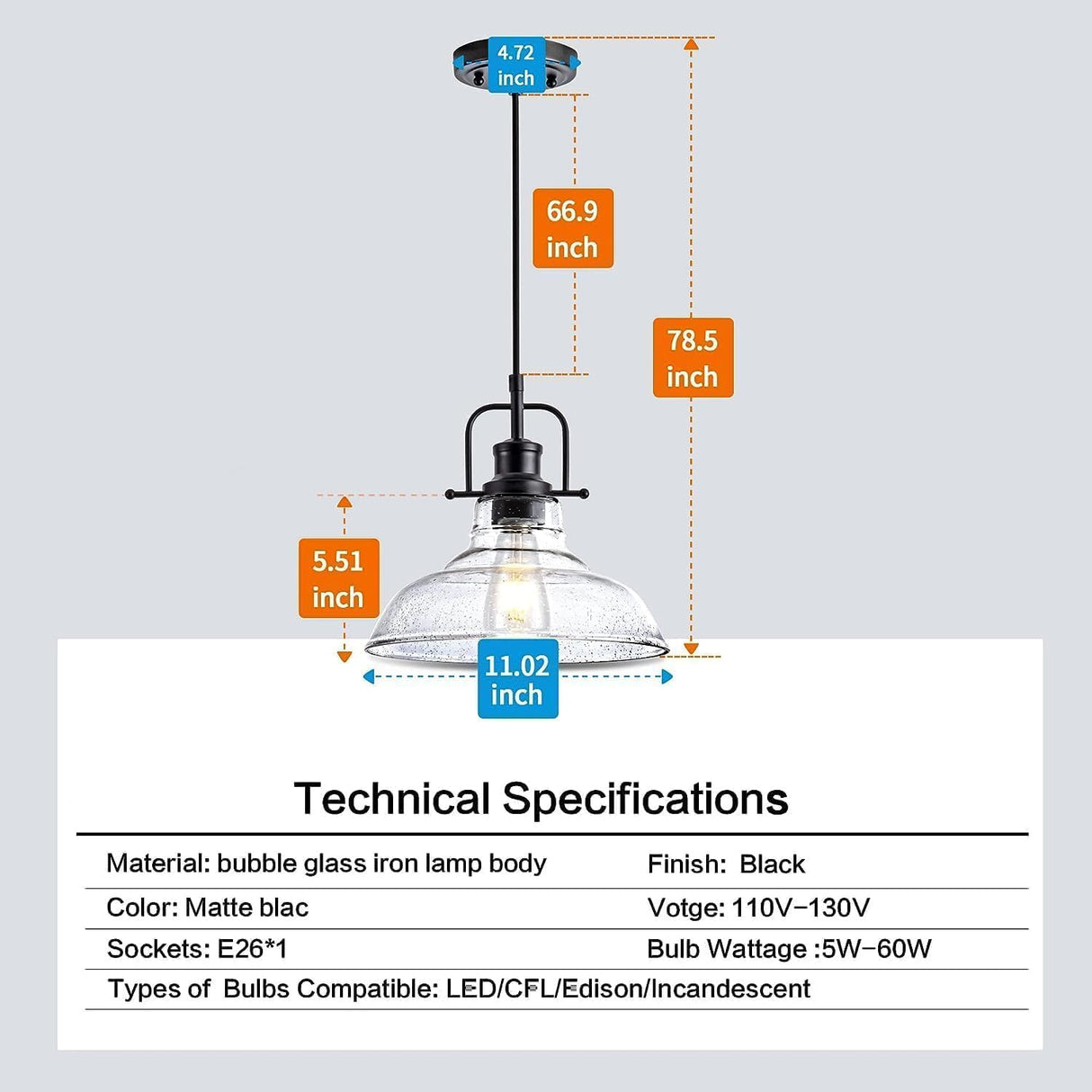 Zlepmlla Glass Pendant Light，Black Pendant Light Fixtures with Seeded Glass Shade, Adjustable Height Hanging Lights for Hallway, Kitchen Island, Dinning Room（Bulb not Included） Zlepmlla