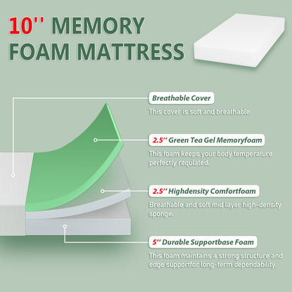 PayLessHere 10 Inch Twin Mattress Green Tea Memory Foam Mattress CertiPUR-US Certified,Medium-firm mattress，Removable Soft Cover,Fiberglass Free,Twin mattresses for Bed Frame, Bunk Bed, Trundle, White