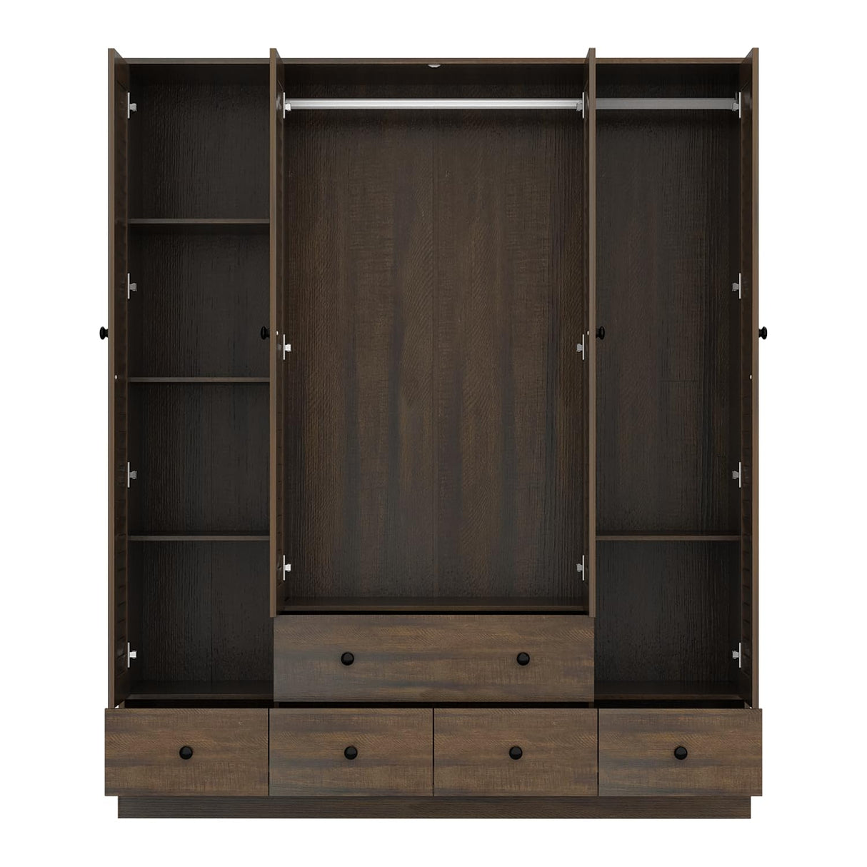 AGOTENI Armoire Wardrobe Closet with 4 Shutter Doors & 2 Hanging Rods, Wooden Clothing Storage Cabinet with 5 Drawers & Shelves for Bedroom, Brown Wood Grain, 19.1" D x 59.1" W x 70.5" H AGOTENI