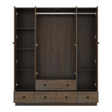 AGOTENI Armoire Wardrobe Closet with 4 Shutter Doors & 2 Hanging Rods, Wooden Clothing Storage Cabinet with 5 Drawers & Shelves for Bedroom, Brown Wood Grain, 19.1" D x 59.1" W x 70.5" H AGOTENI