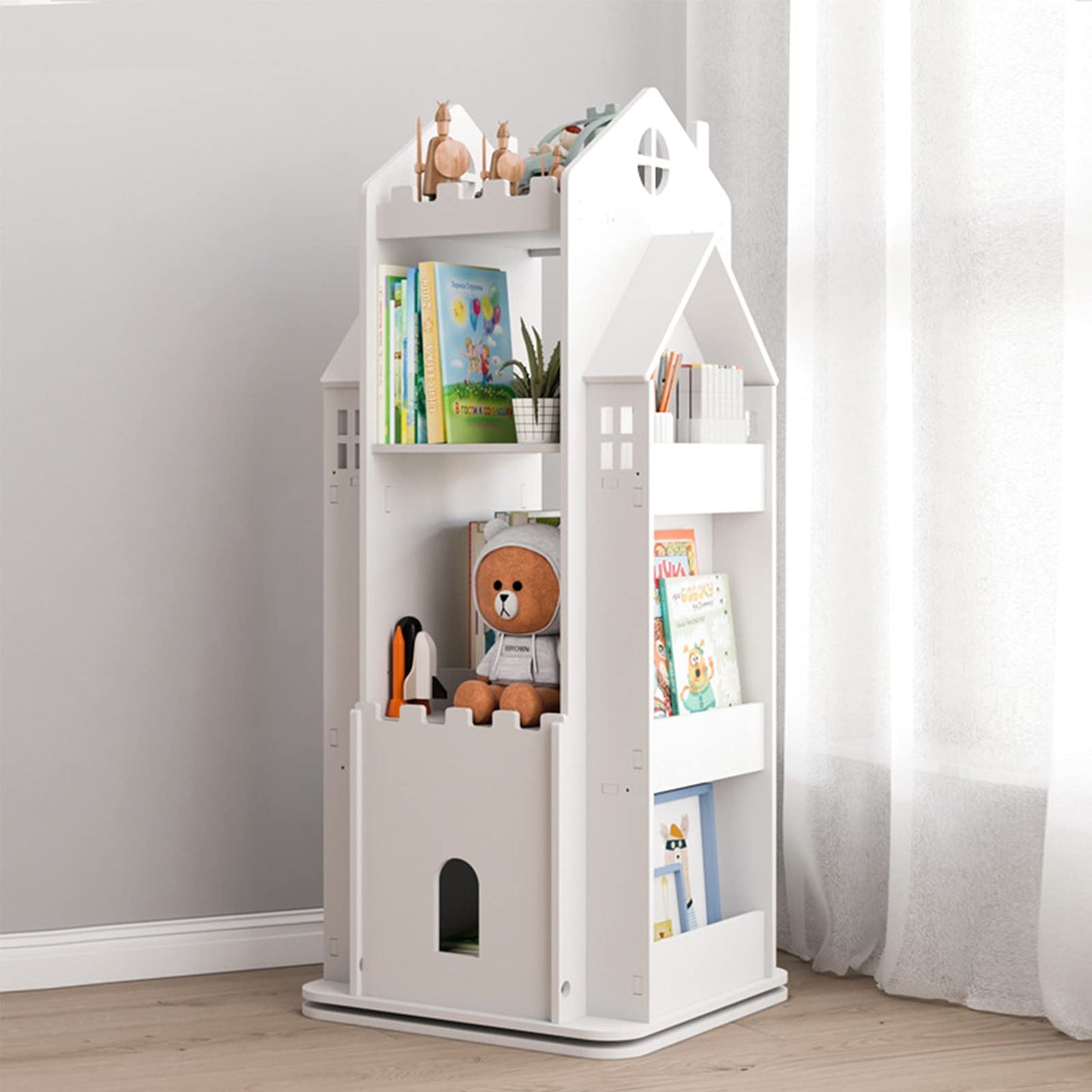 Multi-Functional 360° Rotating Children's Bookshelf - White Floor Stand Storage Rack - WoodArtSupply