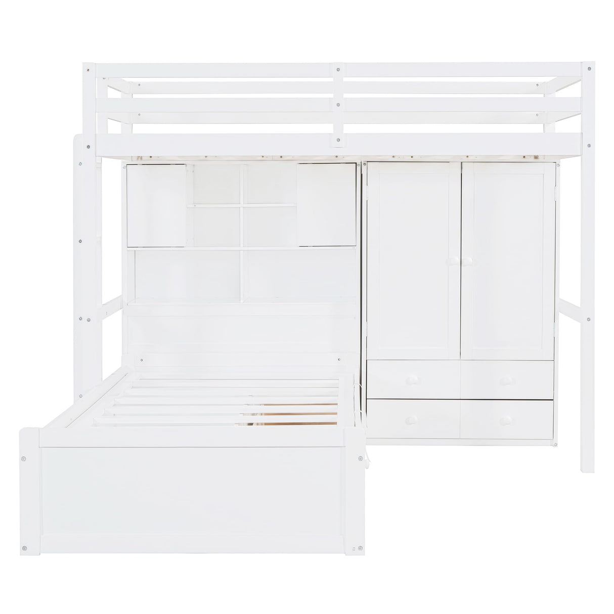 Merax Twin Bunk Bed with Drawers, Wood Twin Over Twin Bunk Bed with Wardrobe, Storage Shelves and Hydraulic Bed, White Merax