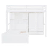 Merax Twin Bunk Bed with Drawers, Wood Twin Over Twin Bunk Bed with Wardrobe, Storage Shelves and Hydraulic Bed, White Merax