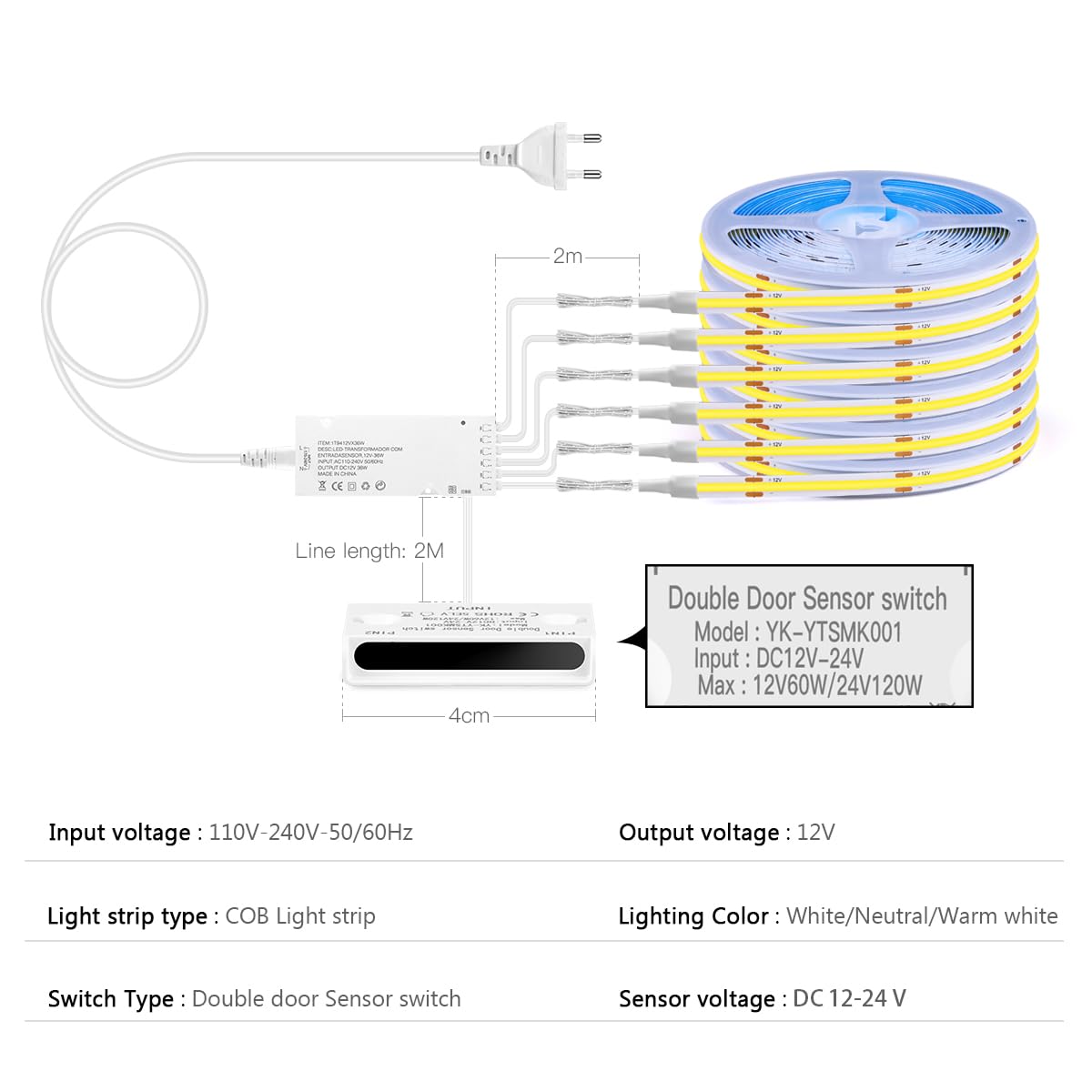 AIMENGTE Cabinet Light 12V 6-in-1 COB LED Strip Light with Dual-Door Sensor Switch, Adhesive Back & Cuttable – Under Cabinet Lighting for Wine Cabinets, Shoe Cabinets, Wardrobes, Display Cabinets AIMENGTE