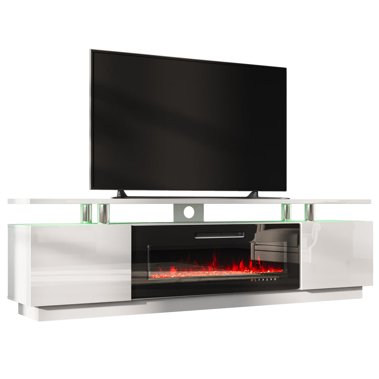 AMERLIFE Fireplace TV Stand with 40" Fireplace, 80" Modern High Gloss Fireplace Entertainment Center LED Lights, 2 Tier TV Console Cabinet for TVs Up to 90", Ivory White AMERLIFE