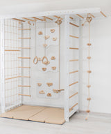 Woodandhearts Swedish Ladder Indoor Kids Gym, Montessori Play Gym Climbing Set, Wooden Indoor Playground for Toddlers with Accessories (with 3 Wall Panels, Big Bridge) Wood And Hearts