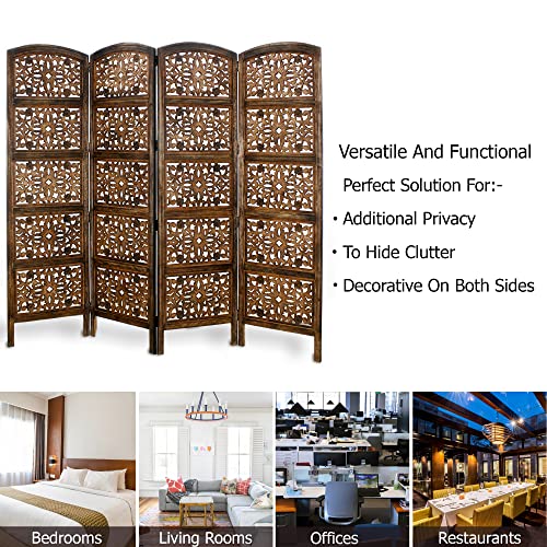 Room Divider Wood Screen - Rajasthan Antique Brown - 4 Panel Folding 72 x 80 - Intricate Hand Carved Decorative Functional Versatile Portable Partition Reversible Freestanding Privacy - COTTON CRAFT COTTON CRAFT