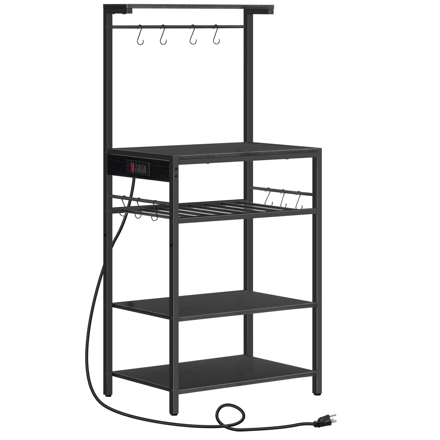 HOOBRO Kitchen Bakers Rack with Power Outlet, 5-Tier Coffee Bar with Adjustable Wine Rack, Microwave Stand with 10 S-Shaped Hooks, Kitchen Storage Shelf Rack, Rustic Brown BK60UHB01