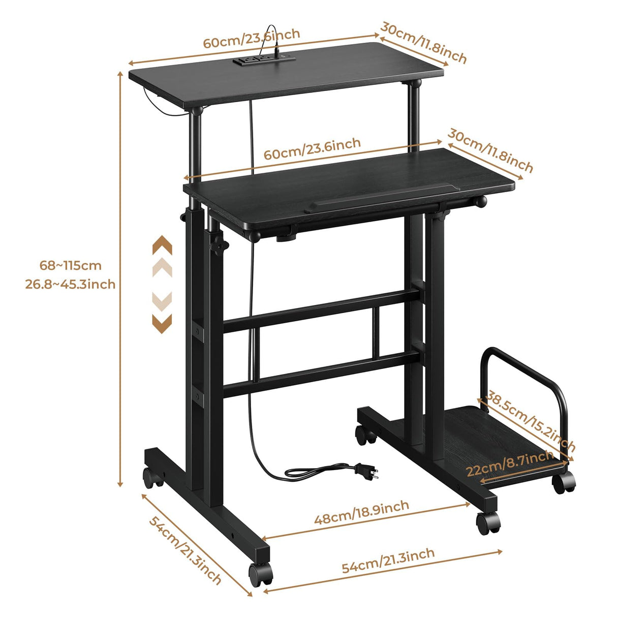 Dripex Mobile Standing Desk with Power Outlets & Strip Lights, Rolling Small Desk, Adjustable Height Laptop Table with Wheels, Portable Sit-Stand Workstation for Home Office Dripex