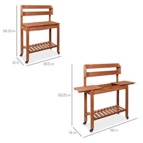 Best Choice Products Mobile Garden Potting Bench, Outdoor Wood Workstation Table w/Sliding Tabletop, 4 Locking Wheels, Food Grade Dry Sink, Storage Shelves - Brown Best Choice Products