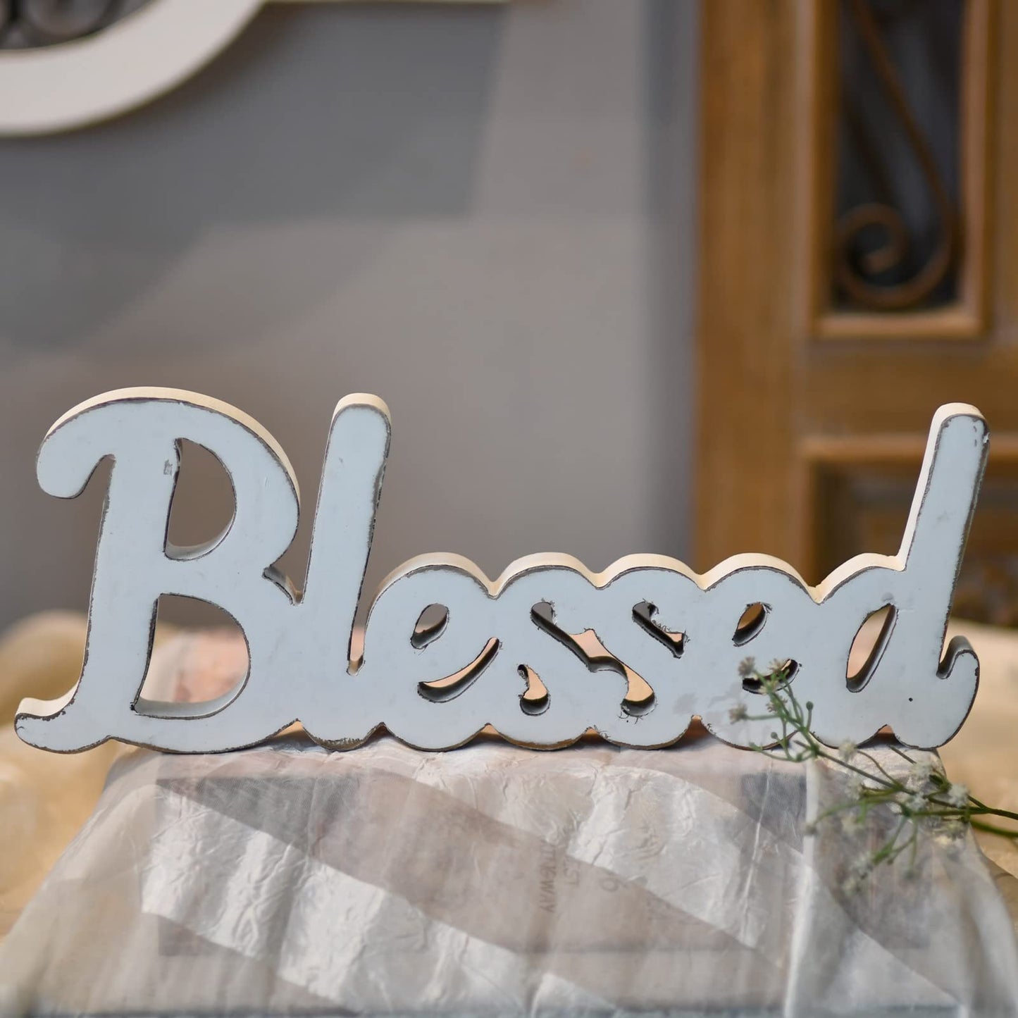 Sintosin Rustic White Wooden Blessed Sign for Tabletop 15", Wall Hanging Farmhouse Blessed Signs for Home Decor, Handmade Thanksgiving Signs Decor, Christmas Signs for Living Room Entryway - WoodArtSupply