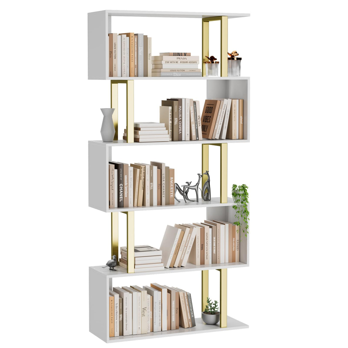 Gadroad 5 Tier Geometric Bookcase,S Shaped Bookshelf, Wood Decorative Storage Shelving, Modern Freestanding Display Shelves, Tall Book Shelf Unit for Living Room Bedroom, Gold Gadroad