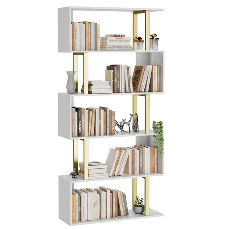 Gadroad 5 Tier Geometric Bookcase,S Shaped Bookshelf, Wood Decorative Storage Shelving, Modern Freestanding Display Shelves, Tall Book Shelf Unit for Living Room Bedroom, Gold Gadroad