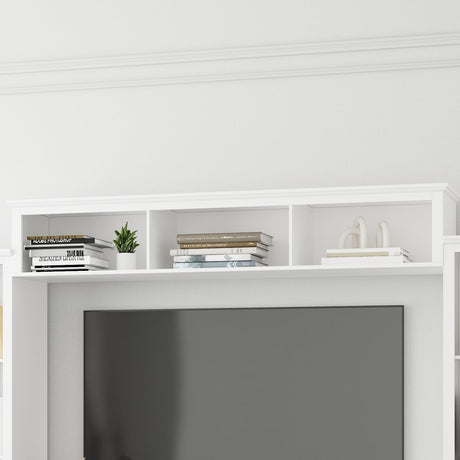 ROMSHINE Wall Unit Entertainment Center, TV Wall Units for Living Room with Storage, 102" W Large Farmhouse TV Stand with Glass Doors, Ajustable Bookshelf & Bridge for Bedroom, White ROMSHINE