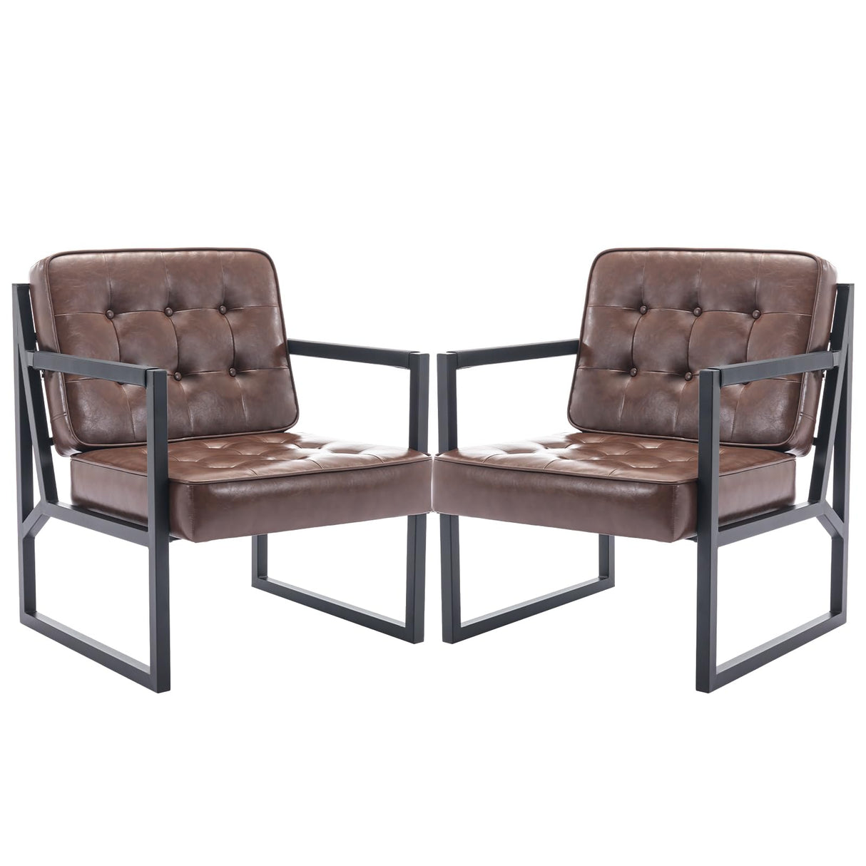 COLAMY Mid Century Modern Accent Chair Set of 2, Comfy Living Room Chair, Brown Leather Accent Chair, Faux Leather Reception Armchair with Metal Legs for Living Room Bedroom Reception Office, Brown COLAMY