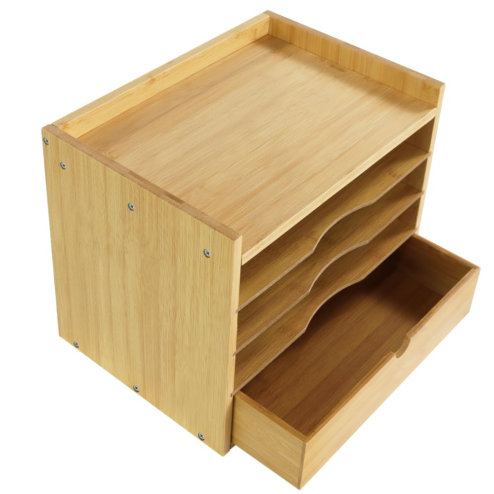KKTONER 5-Tier Bamboo Desk Organizer with Drawer Tabletop File Organizer Document Holder with Shelf Desktop Cabinet for Home Office School Supplies (Natural) KKTONER