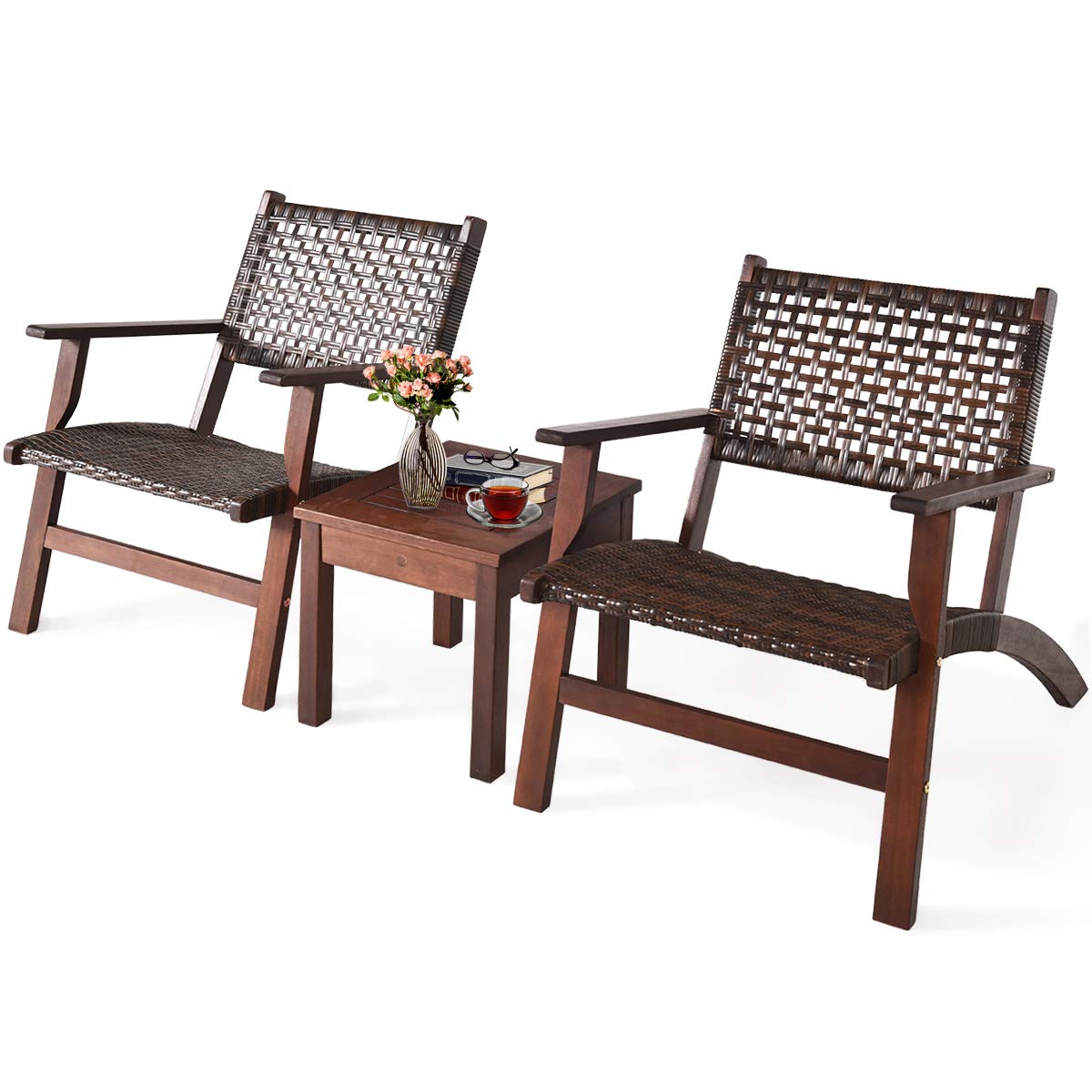 Tangkula 3 PCS Patio Conversation Set, Solid Eucalyptus Wood Frame Outdoor Wicker Furniture Set Bistro Set with Coffee Table, Rattan Furniture Set for Backyard Porch Garden Poolside Balcony (Brown)