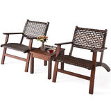 Tangkula 3 PCS Patio Conversation Set, Solid Eucalyptus Wood Frame Outdoor Wicker Furniture Set Bistro Set with Coffee Table, Rattan Furniture Set for Backyard Porch Garden Poolside Balcony (Brown) Tangkula