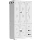 LIKIMIO Wardrobe Closet with 5 Cabinet Doors and 3 Drawers, Large-Capacity Deep Armoire for Bedroom with 3 Side Hooks, Hanging Rod and Anti - tip Kit, White LIKIMIO