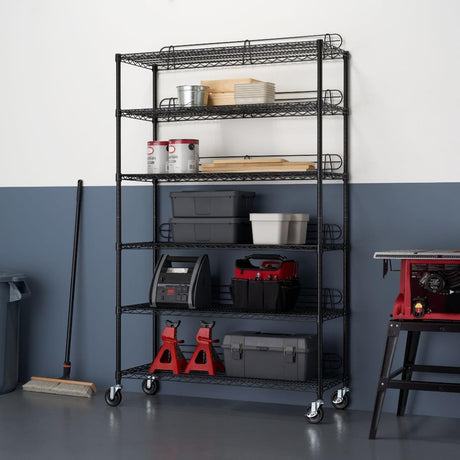 TRINITY Heavy Duty 6-Tier Adjustable Wire Shelving with Wheels and Backstands for Kitchen Organization, Garage Shelving, NSF Certified, 48” W x 18” D x 72-77” H, 800-4800 lb Capacity, Black TRINITY