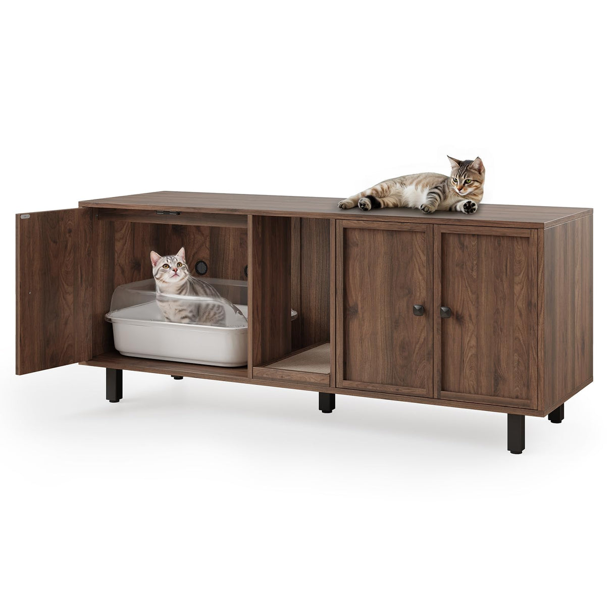 59 Inches Cat Litter Box Enclosure for 2 Cats, Hidden Litter Boxes Furniture with Cat Scratch Pad, Large Indoor Pet House with Double Room, Wooden TV Stand Side Table, Walnut ONBRILL