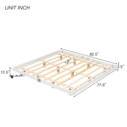 King Size Modern Floating Bed with LED Lights and Slats Support in White - WoodArtSupply