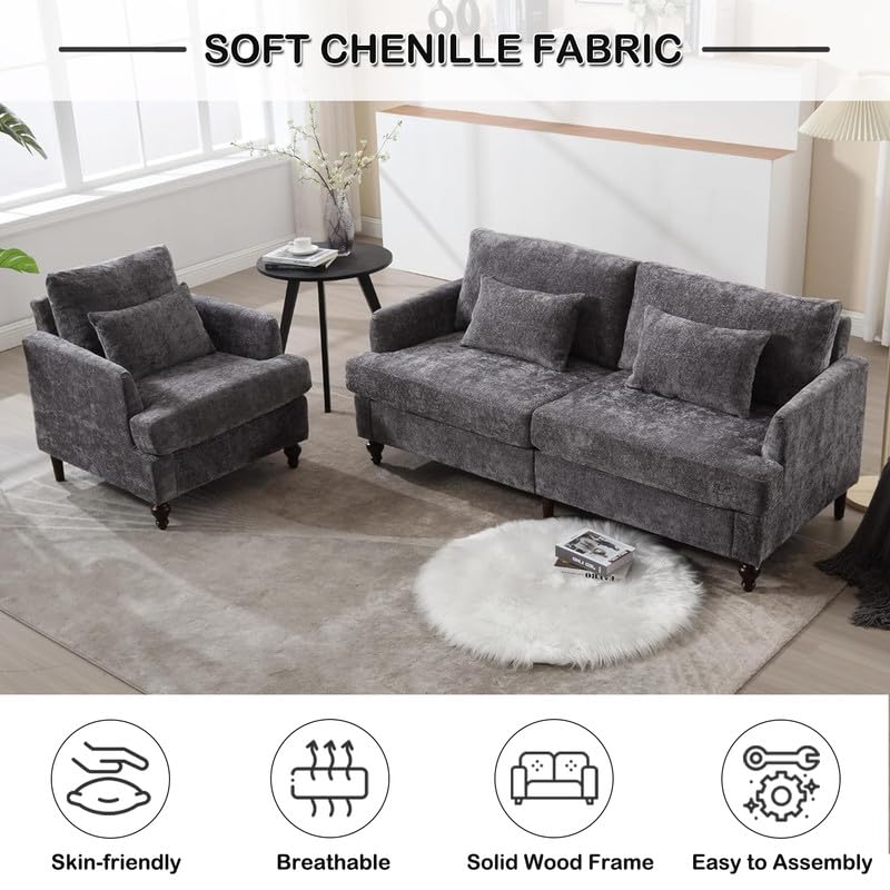 AZSJML 2 Pieces Sofa Couch Set for Living Room, 68'' Mid Century Modern Loveseat and Accent Chair Set, Chenille Sofa Comfy Cloud Couch with Deep Seats for Small Spaces Apartment Bedroom, Grey AZSJML