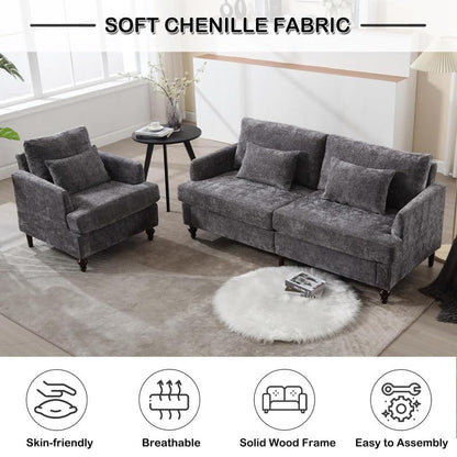 AZSJML 2 Pieces Sofa Couch Set for Living Room, 68'' Mid Century Modern Loveseat and Accent Chair Set, Chenille Sofa Comfy Cloud Couch with Deep Seats for Small Spaces Apartment Bedroom, Grey