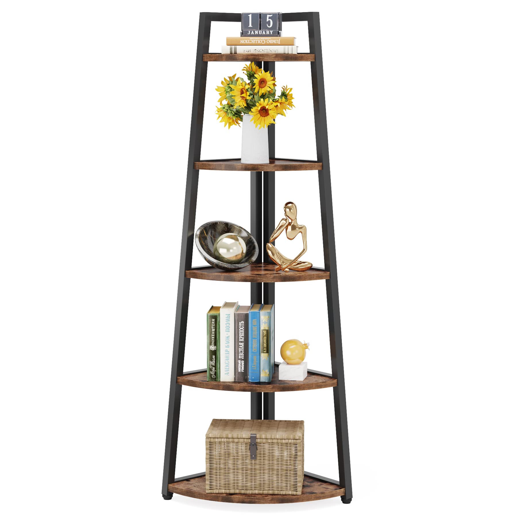 Tribesigns 70-Inch Rustic 5-Tier Corner Shelf - Industrial Ladder Bookshelf and Plant Stand for Home and Office - WoodArtSupply