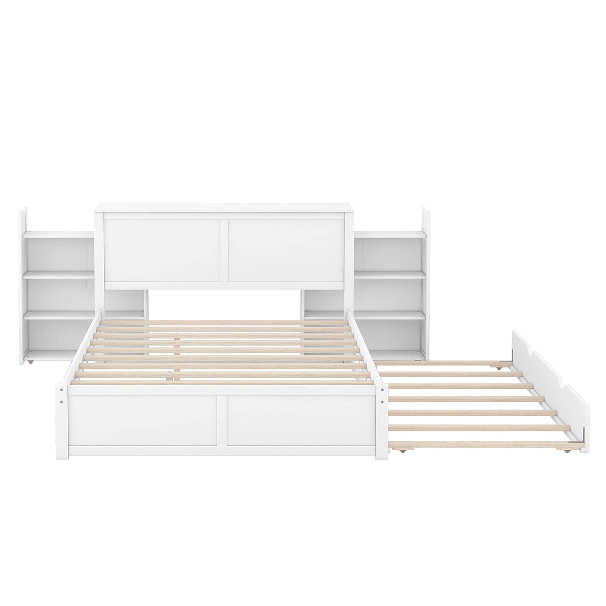 Queen Size Storage Bed with Trundle, Wood Platform Bed Frame with Storage Shelves Headboard and Twin Size Trundle Bed, Wooden Queen Beds for Kids Boys Girls Teens, White Bellemave