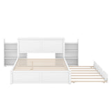 Queen Size Storage Bed with Trundle, Wood Platform Bed Frame with Storage Shelves Headboard and Twin Size Trundle Bed, Wooden Queen Beds for Kids Boys Girls Teens, White Bellemave
