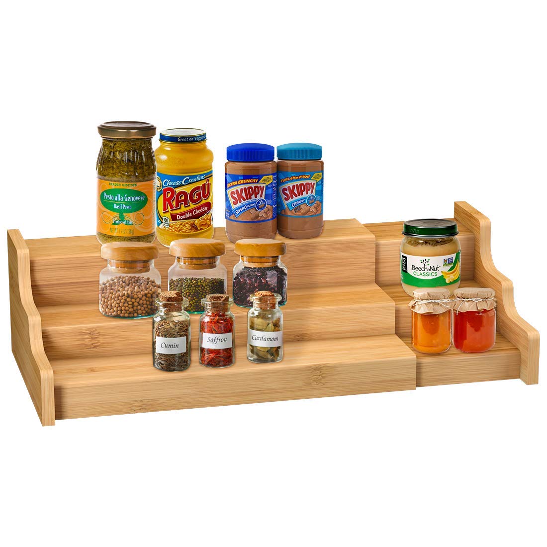 Spice Rack Kitchen Cabinet Organizer- 3 Tier Bamboo Expandable Display Shelf - WoodArtSupply