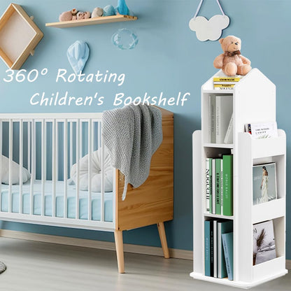 MYOYAY 360° Rotating White Kids Bookshelf - 3 Tier Floor Standing Bookcase for Home - WoodArtSupply