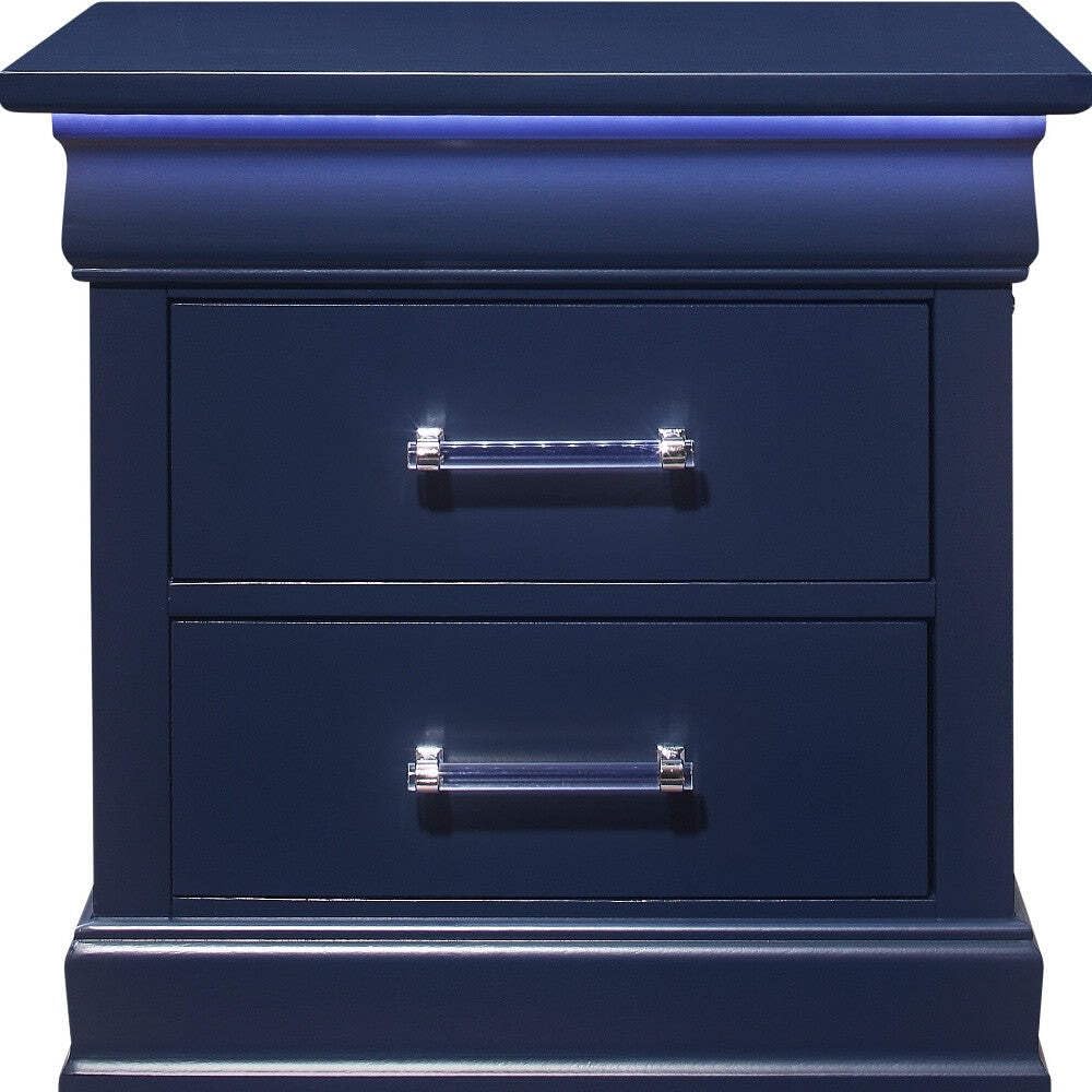 HomeRoots 482397 24 in. Two Drawer Solid Wood Lighted Nightstand Blue HomeRoots