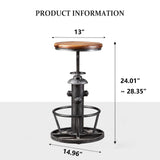 Topower Antique Industrial Round Bottom Adjustable Height Cafe Coffee Retro Vintage Stylish Water Pipe Design Pub Kitchen Bar Stool (Silver, Wooden Top) Topower