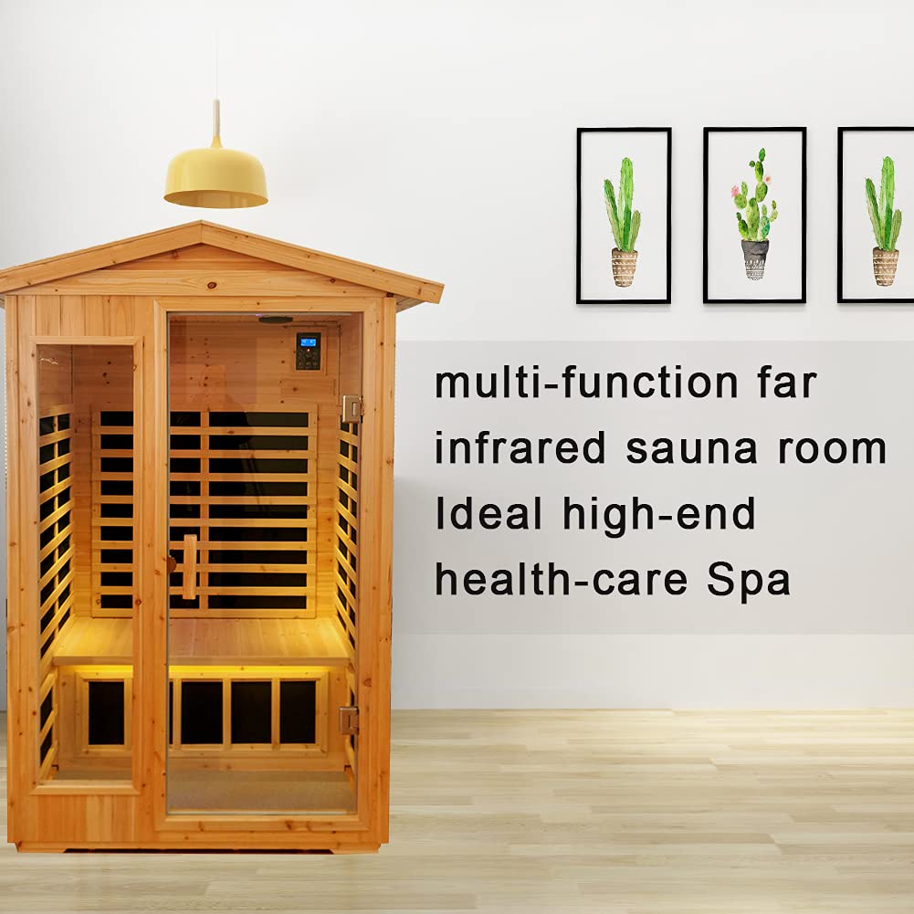 V ddhoger Room Two-Person Far-Infrared Old Fir Outdoor Sauna, Temperature Adjustment 25-65℃, Touch Operation Screen, Seat Load-Bearing 300KG, Suitable for Heights 1.5-1.9M， Natural V ddhoger