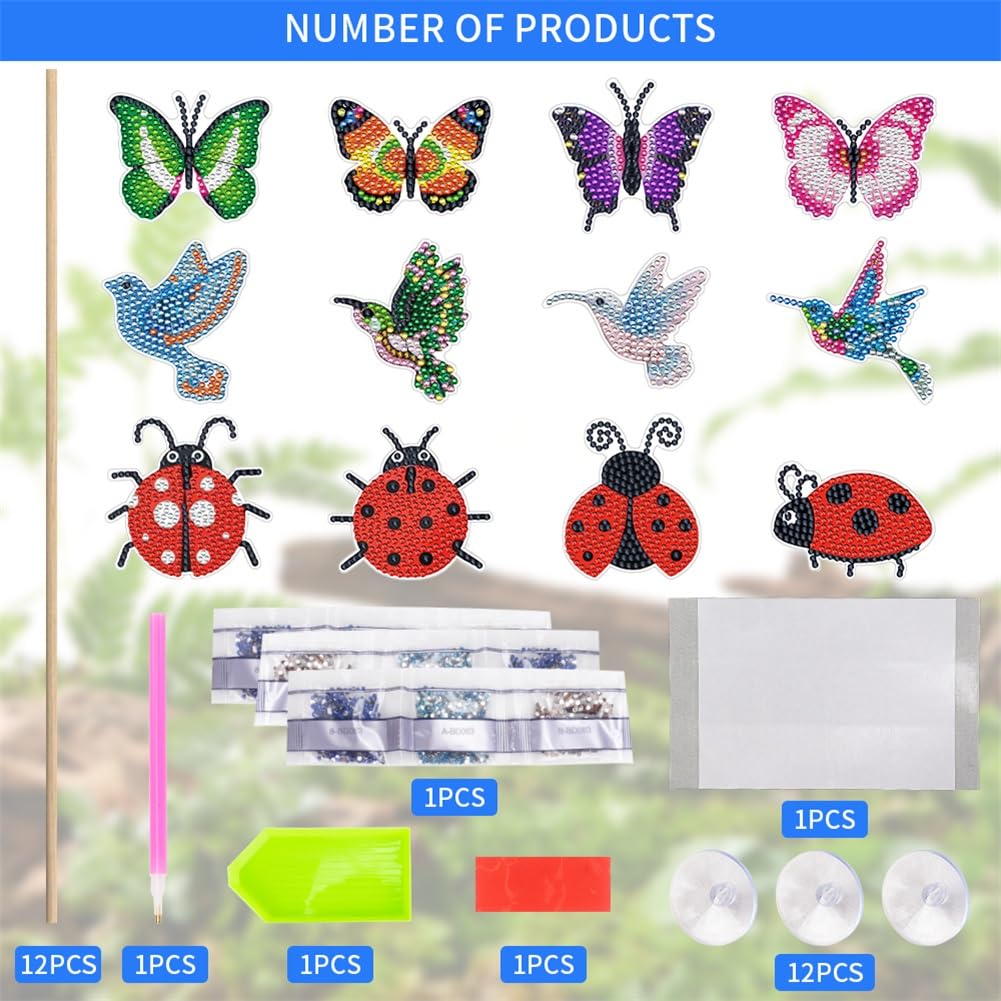 Diamond Art Kits, 12 Pcs Butterfly Hummingbird Ladybug Stakes Diamond Painting Kits for Adults Kids, 5D DIY Butterflies Ornaments Diamond Art Supplies Crafts for Indoor Outdoor Garden Yard Party Decor SOEWIOU