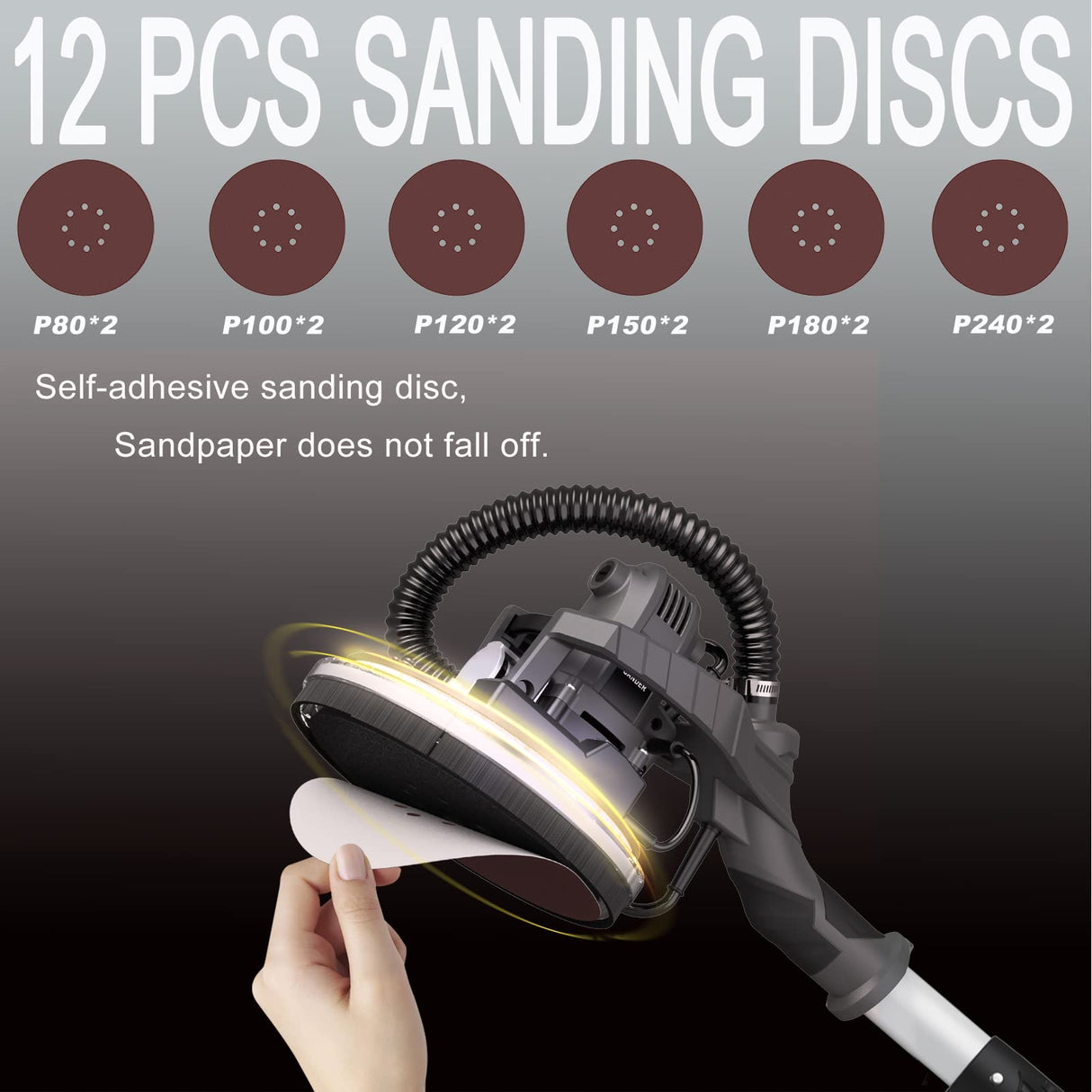 Drywall Sander with Vacuum, IMQUALI® 9.5A 1050W Electric Sander Tool with Variable Speed 600-2600RPM, Popcorn Ceiling Removal Tool with Extendable Handle, LED Light, 12pcs Sanding Discs, Black, IMQ919 IMQUALI