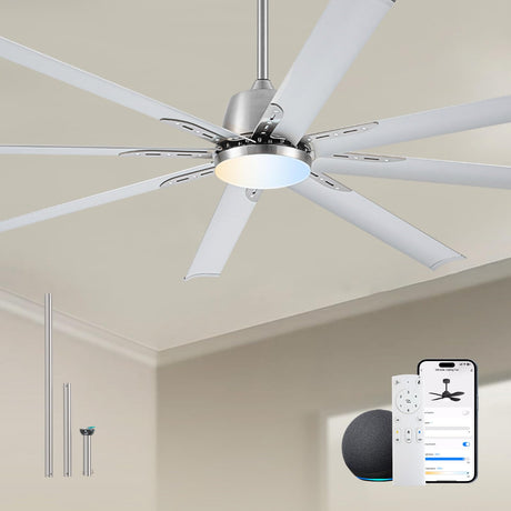 72 lnch lndustrial Smart Celing Fan with Light and Remote Control via WIFI Alexa,Large Celing Fan with 8 Brushed Nickel Aluminum Blades,6 Speed Noiseless DC Motor Indoor Outdoor Ceiling Fans for Patio Minislak