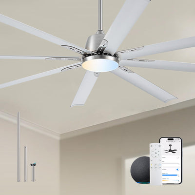 72 lnch lndustrial Smart Celing Fan with Light and Remote Control via WIFI Alexa,Large Celing Fan with 8 Brushed Nickel Aluminum Blades,6 Speed Noiseless DC Motor Indoor Outdoor Ceiling Fans for Patio