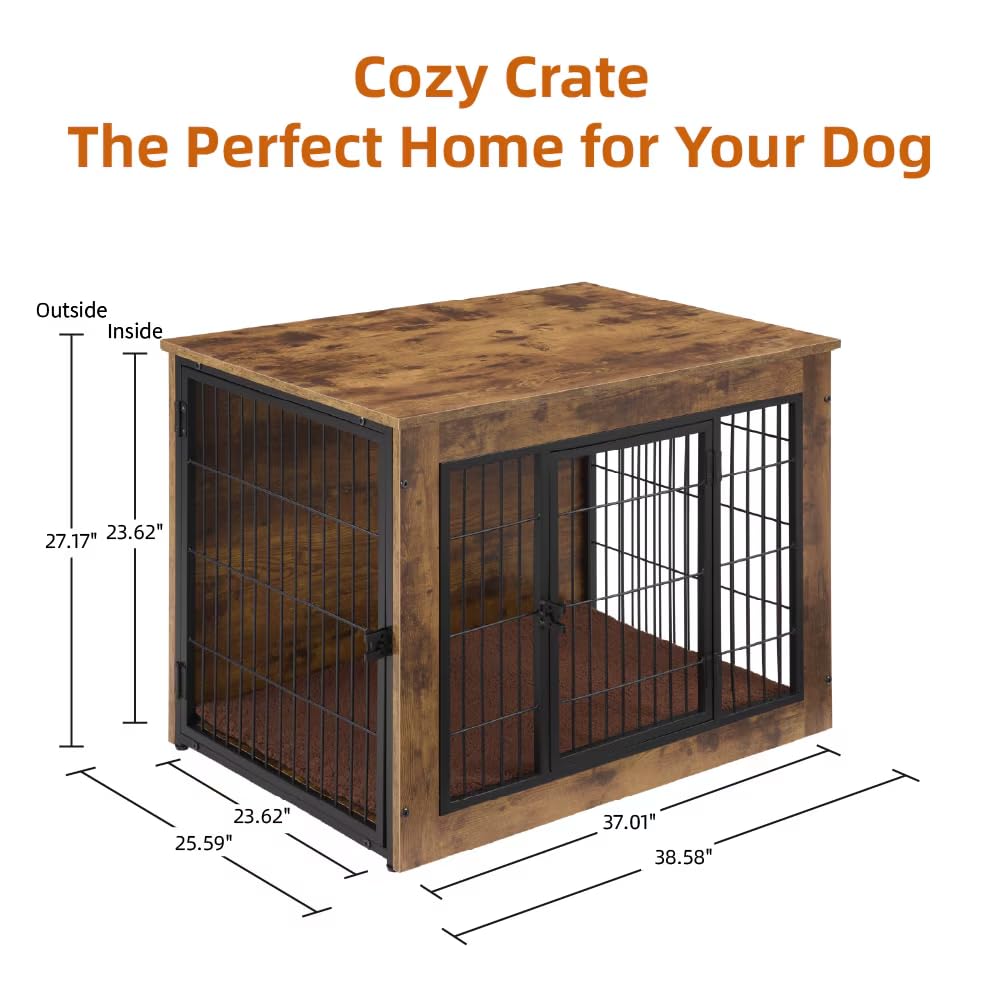 Wooden Dog Kennel Furniture, Heavy Duty Dog Cage, 40" Dog Kennel with Double Doors, Dog Crates for Large Dogs, Rustic Brown SMEFNOS