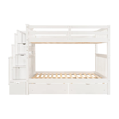 MERITLINE Full Over Full Bunk Bed with Stairs and 6 Storage Drawers, Solid Wood Bunk Bed with Storage Drawers, for Kids Teens Adults (White)