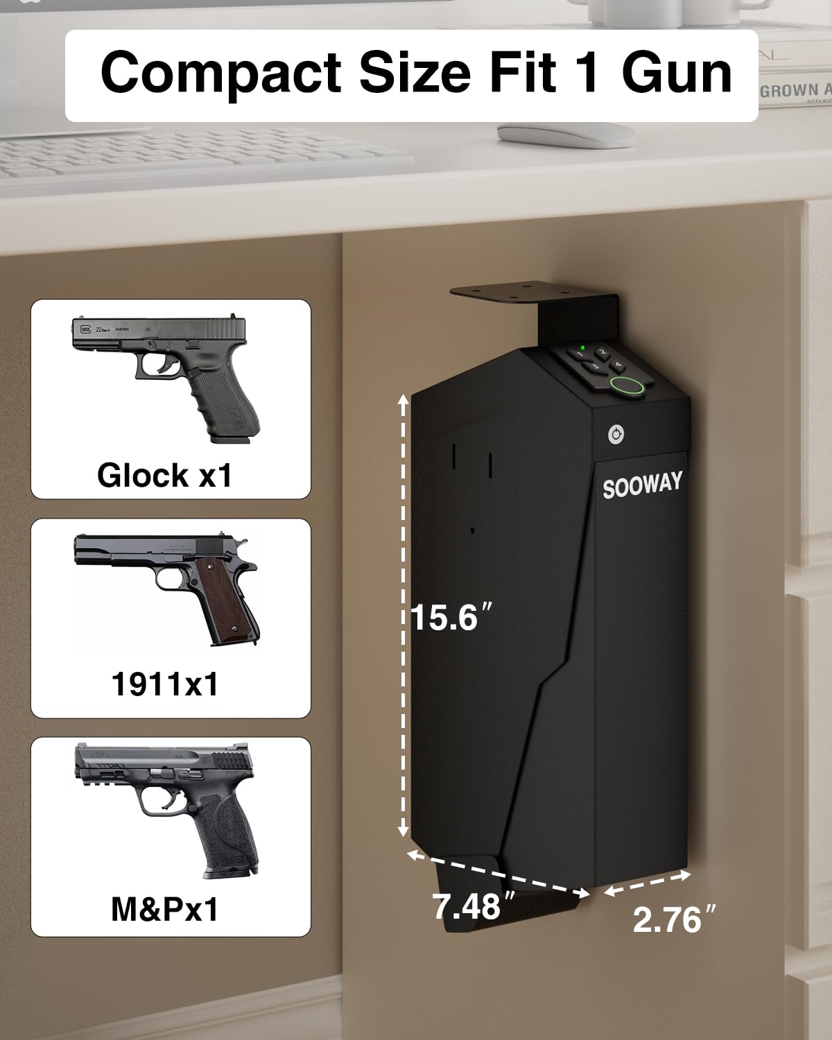 SOOWAY Biometric Pistol Safe Fingerprint Quick Access Gun Safe for Handgun, Drop Down Mounted with 3 Ways Unlock Gun Lock Box for Car, Nightstand, Desk, Wall, Dresser SOOWAY