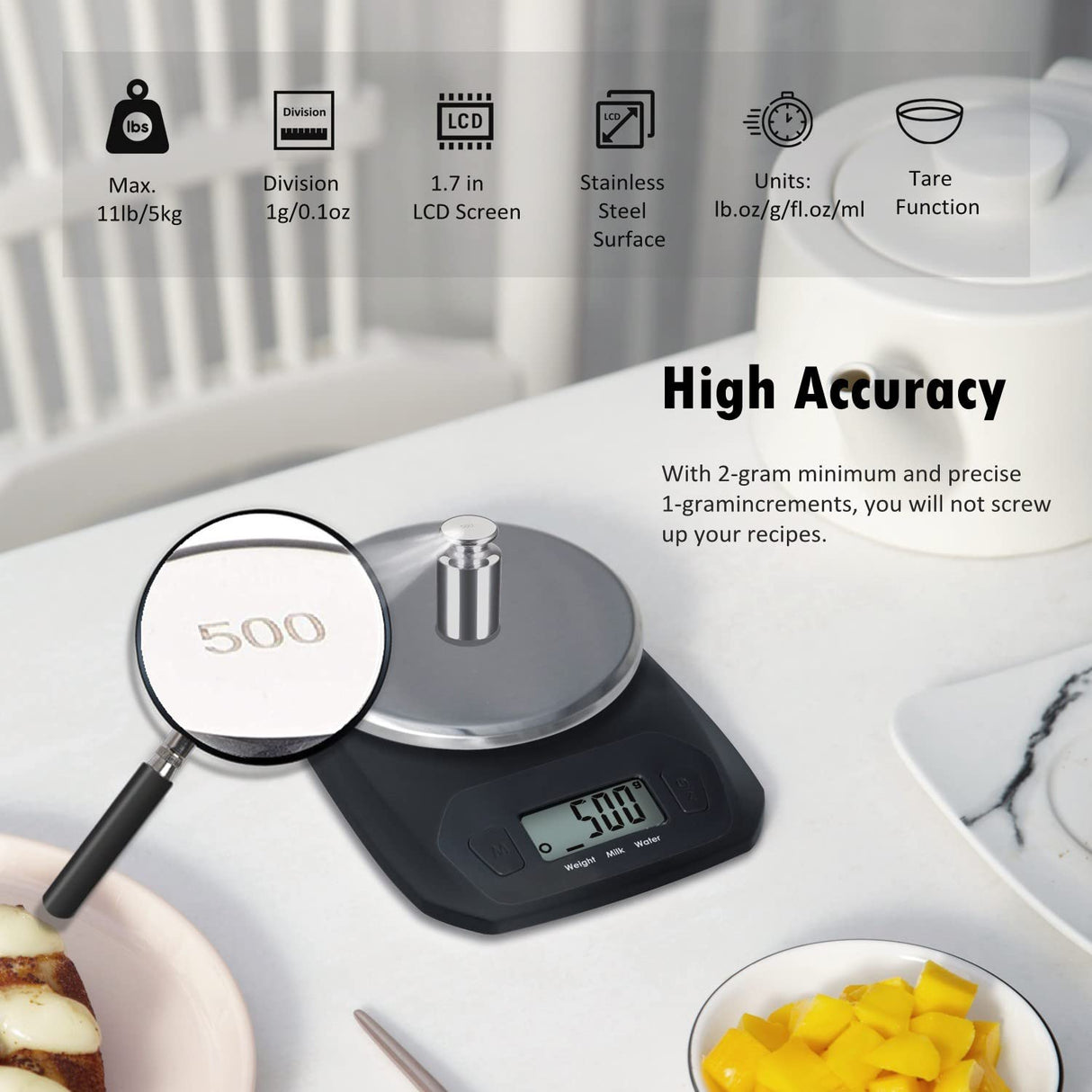 CAMRY Food Scale Portable Kitchen Scales Digital Weight Grams and Ounces Stainless Steel Panel for Baking Cooking Weight Loss, Accurate Bread Coffee Scale, 1g Increment Tare Function Small Size, Black CAMRY