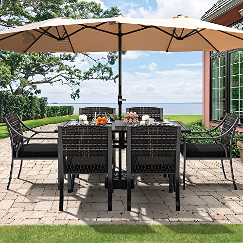 YITAHOME 7 Piece Patio Dining Set, Outdoor Patio Wicker Conversation Furniture Set with Umbrella Hole and All Iron Frame for Lawn Garden Backyard Deck, Soft Black Cushions (Black) - WoodArtSupply